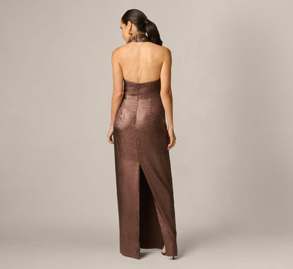 Foiled Chiffon Asymmetrical Halter Scarf Gown - Espresso | Adrianna Papell