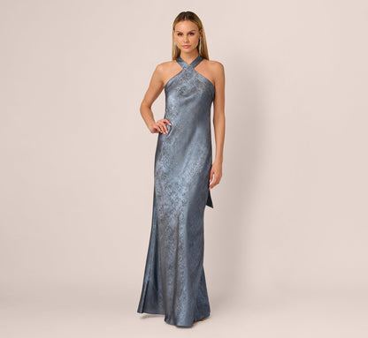 Foiled Mermaid Gown With Halter Neckline - French Blue | Adrianna Papell