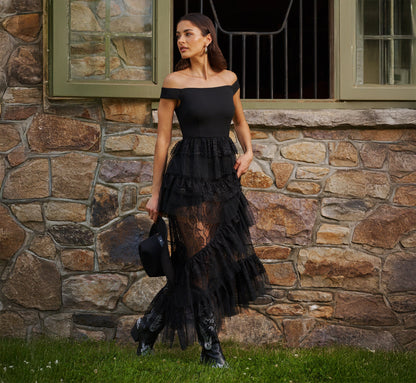Off Shoulder Lace Ruffle Combo Gown - Black | Adrianna Papell