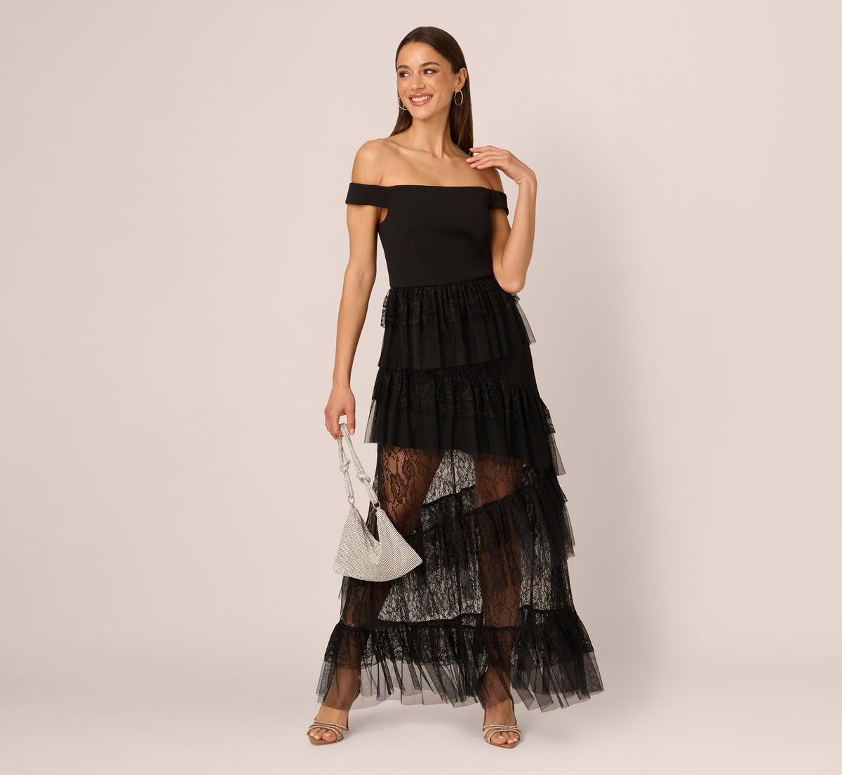 Off Shoulder Lace Ruffle Combo Gown - Black | Adrianna Papell