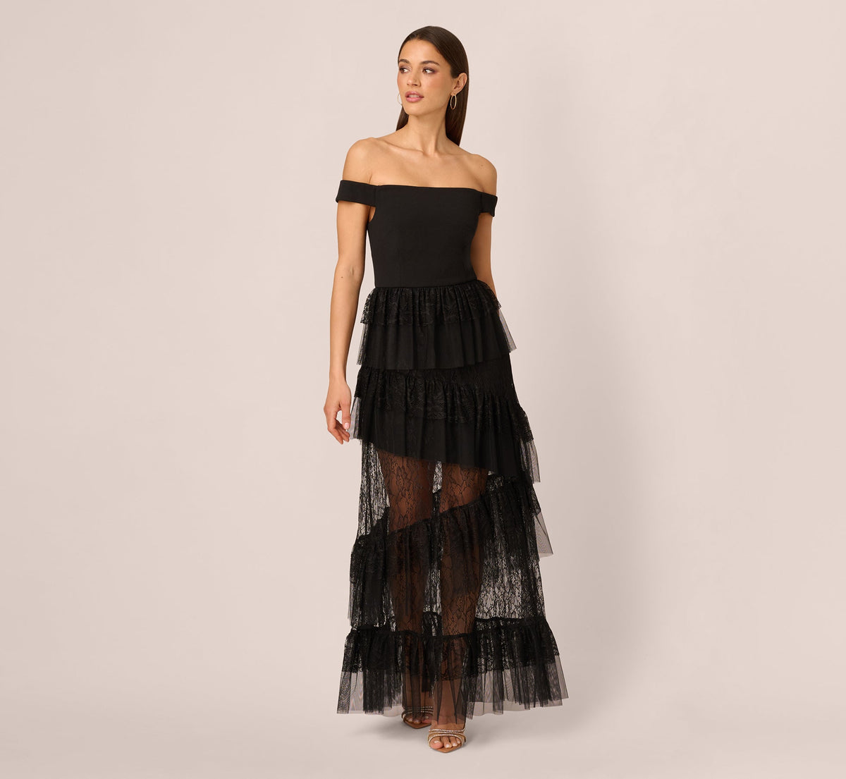 Off Shoulder Lace Ruffle Combo Gown - Black | Adrianna Papell
