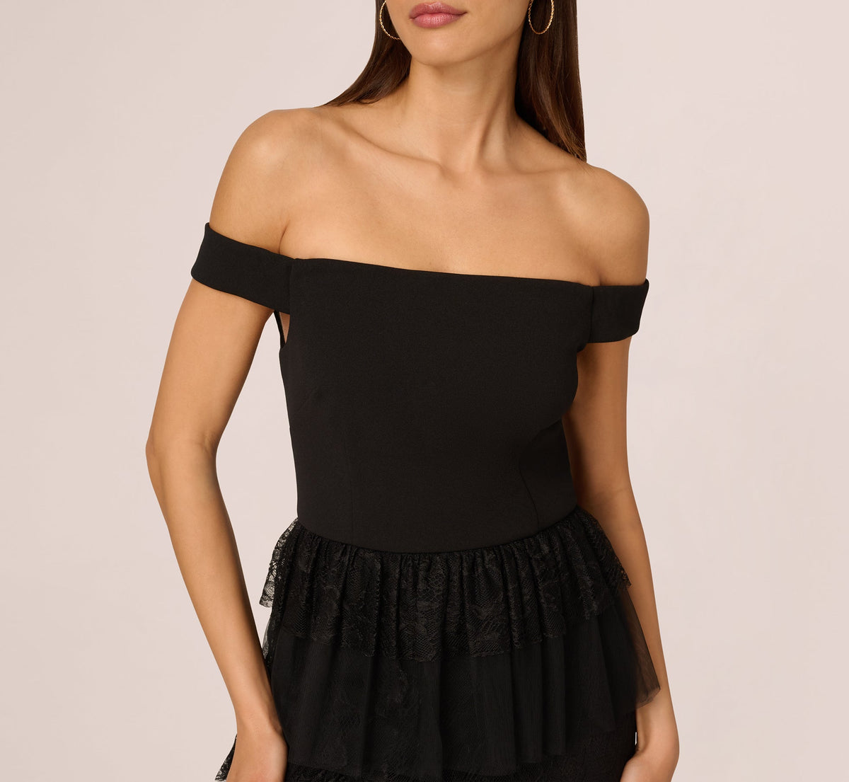 Off Shoulder Lace Ruffle Combo Gown - Black | Adrianna Papell