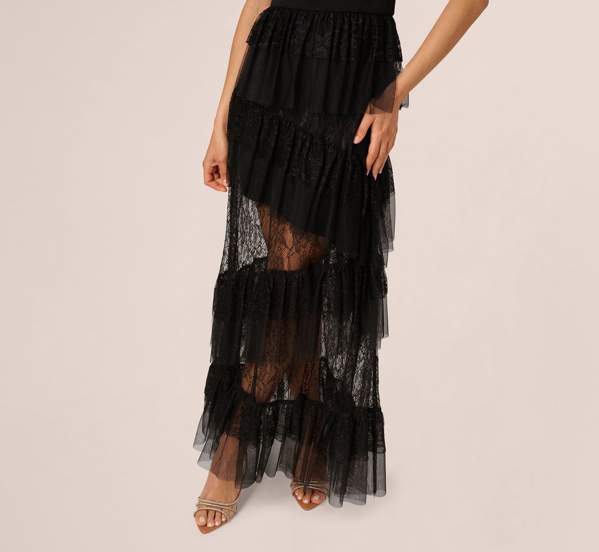 Off Shoulder Lace Ruffle Combo Gown - Black | Adrianna Papell