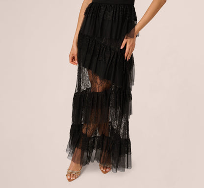 Off Shoulder Lace Ruffle Combo Gown - Black | Adrianna Papell