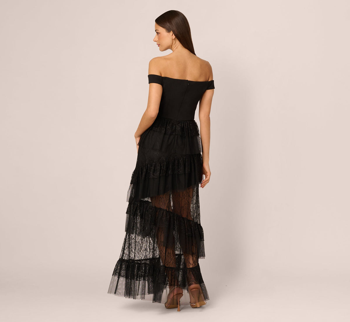 Off Shoulder Lace Ruffle Combo Gown - Black | Adrianna Papell