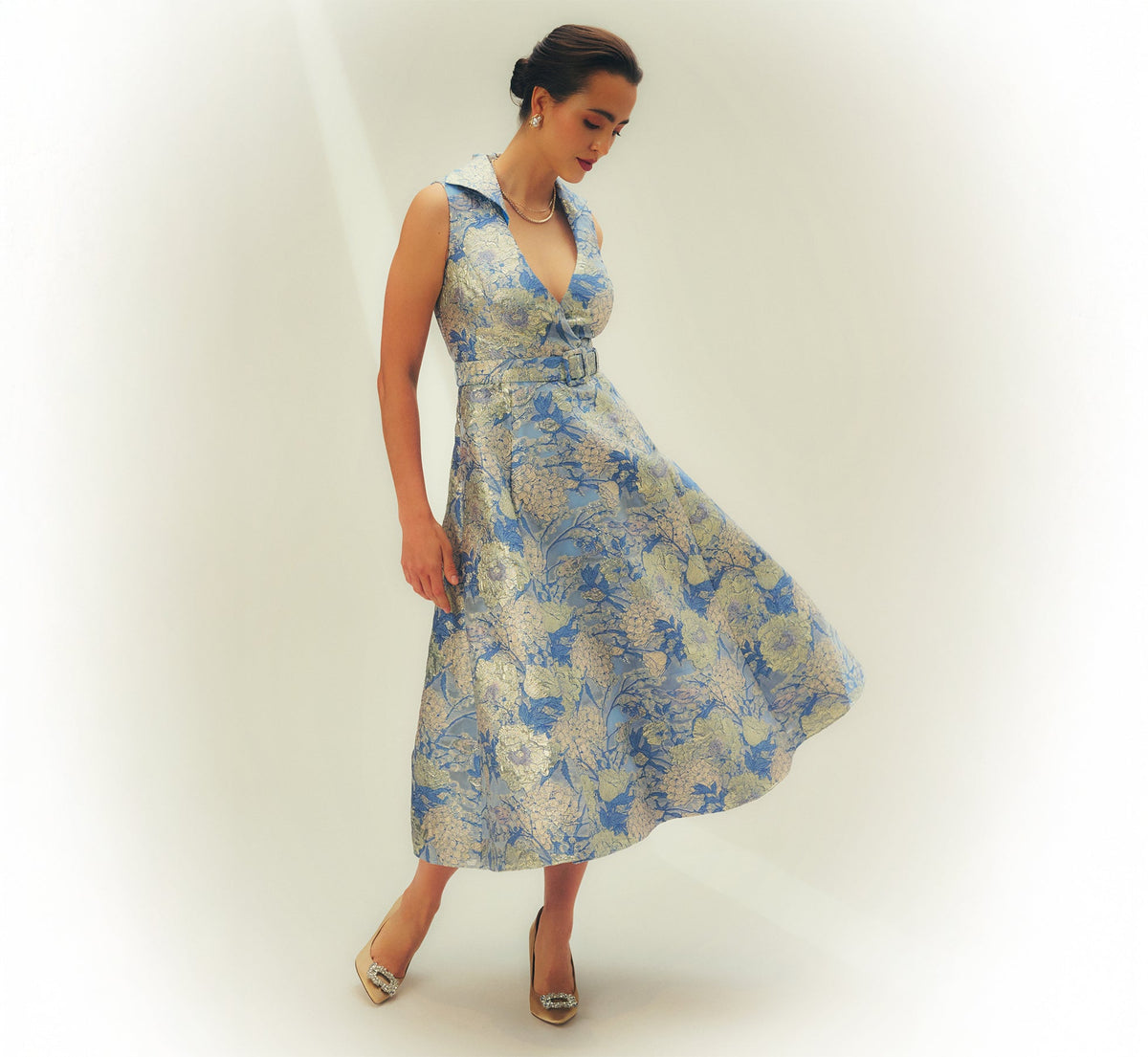 Hydrangea Floral Jacquard Collared Midi Dress - Blue Multi | Adrianna Papell