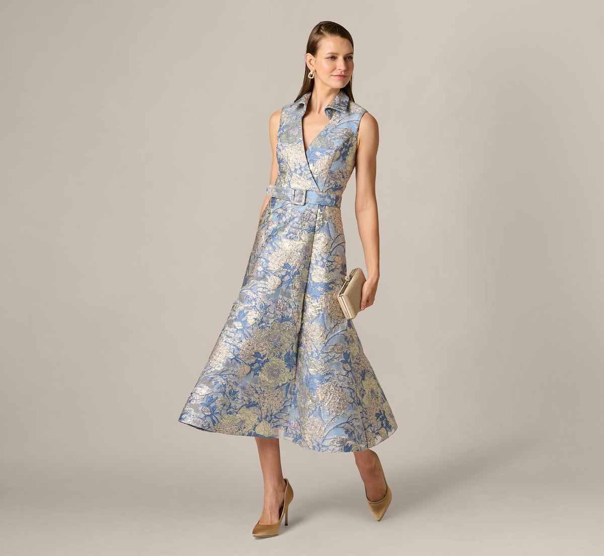 Hydrangea Floral Jacquard Collared Midi Dress - Blue Multi | Adrianna Papell
