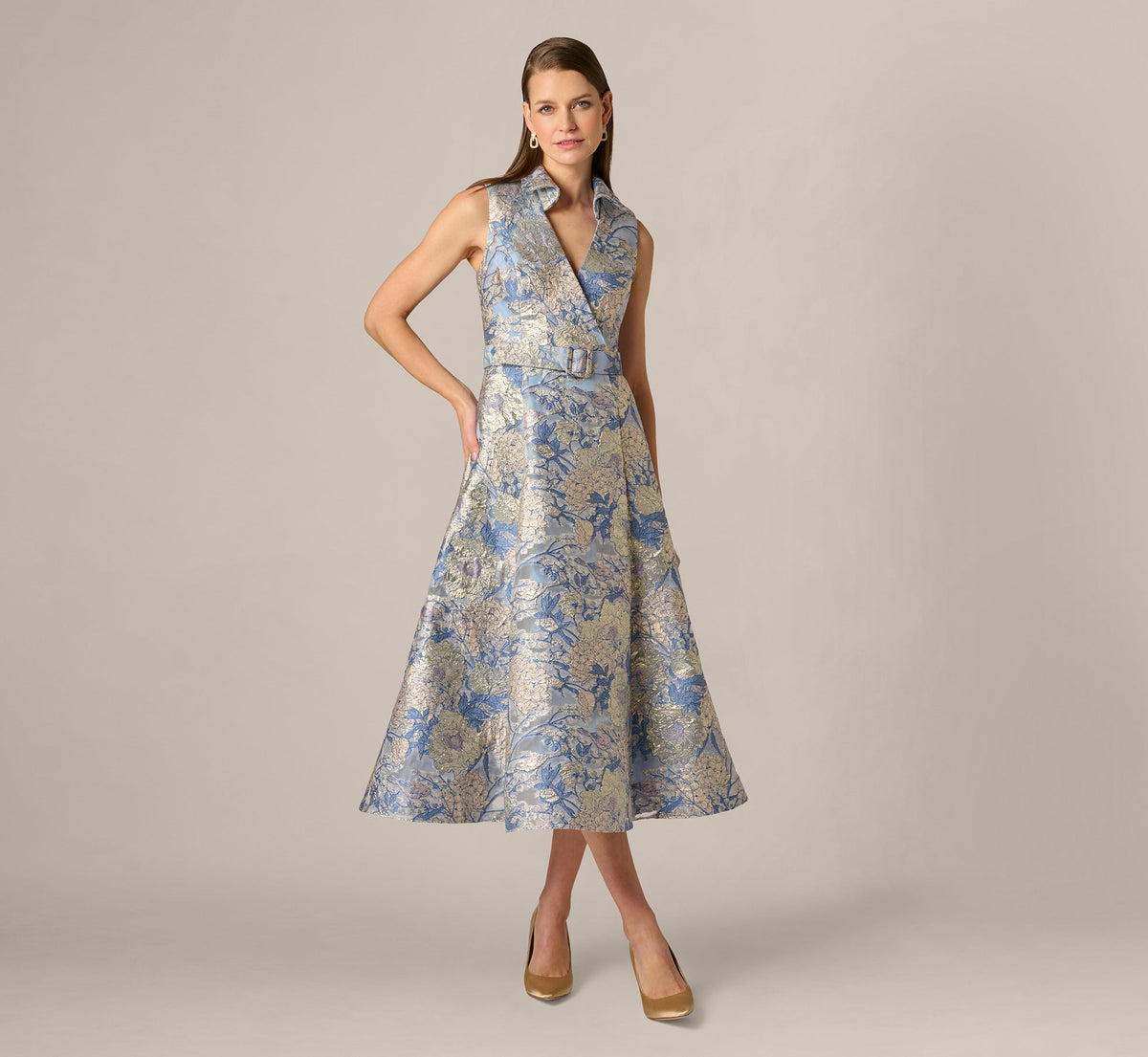 Hydrangea Floral Jacquard Collared Midi Dress - Blue Multi | Adrianna Papell