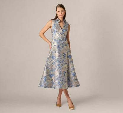 Hydrangea Floral Jacquard Collared Midi Dress - Blue Multi | Adrianna Papell