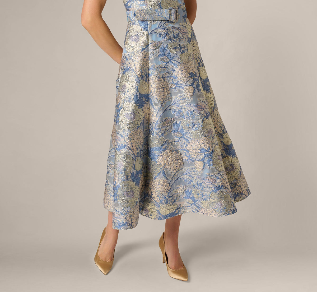 Hydrangea Floral Jacquard Collared Midi Dress - Blue Multi | Adrianna Papell