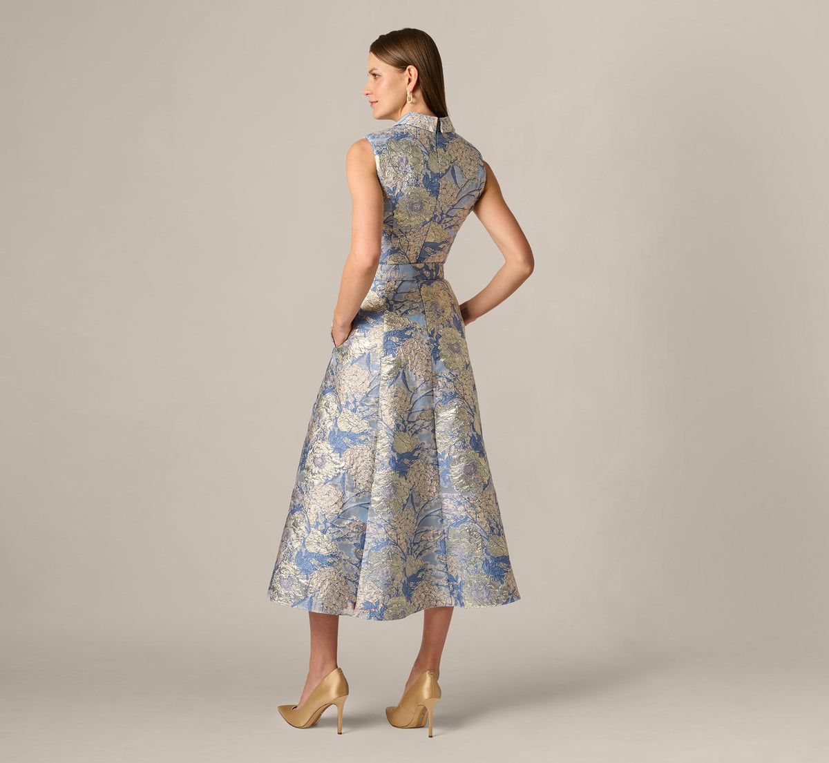 Hydrangea Floral Jacquard Collared Midi Dress - Blue Multi | Adrianna Papell