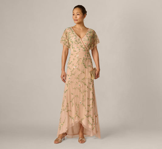 Flutter Sleeve Beaded Wrap Dress - Blush Multi | Adrianna Papell
