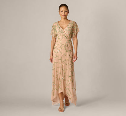 Flutter Sleeve Beaded Wrap Dress - Blush Multi | Adrianna Papell