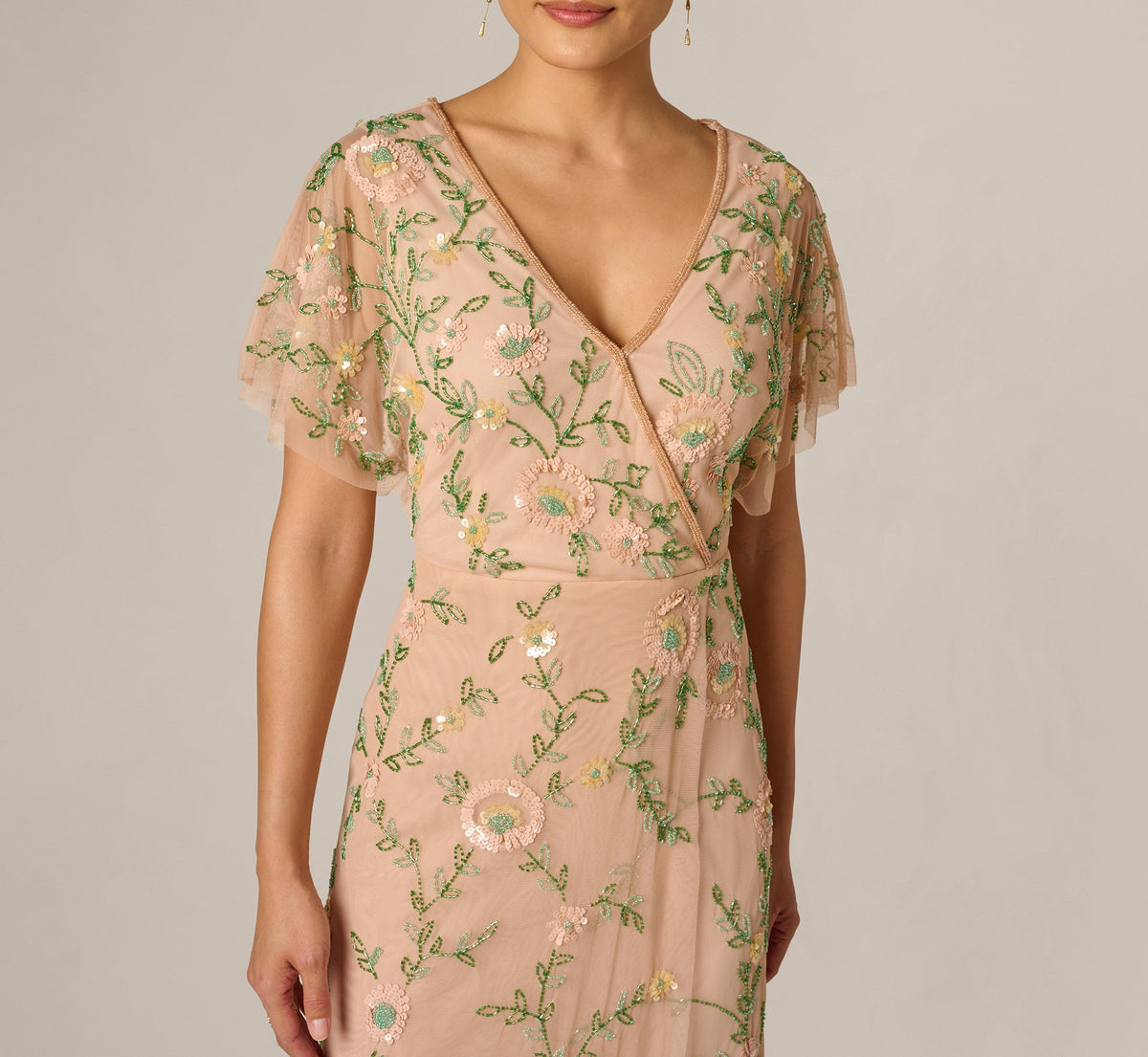 Flutter Sleeve Beaded Wrap Dress - Blush Multi | Adrianna Papell