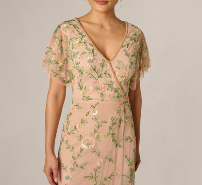 Flutter Sleeve Beaded Wrap Dress - Blush Multi | Adrianna Papell