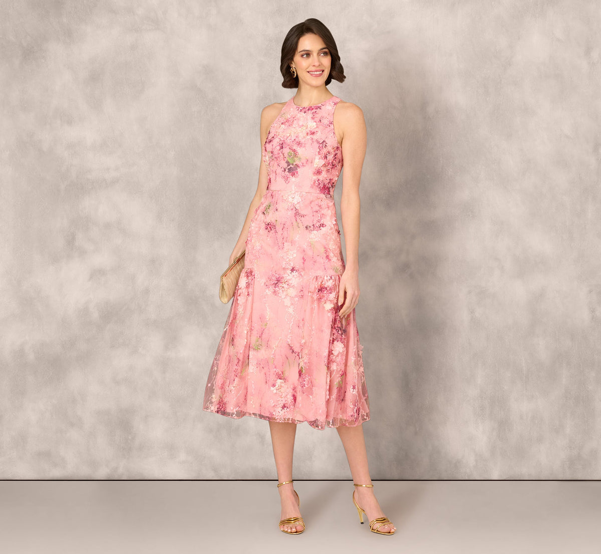 Sleeveless Embroidered Side Flounce Midi Dress - Pink Multi | Adrianna Papell