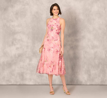 Sleeveless Embroidered Side Flounce Midi Dress - Pink Multi | Adrianna Papell
