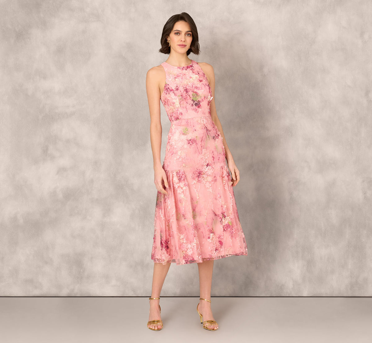 Sleeveless Embroidered Side Flounce Midi Dress - Pink Multi | Adrianna Papell
