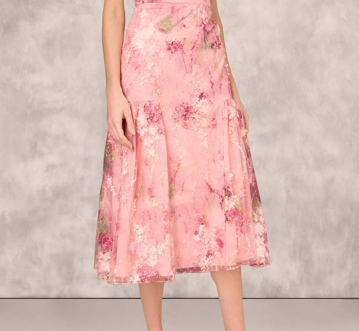 Sleeveless Embroidered Side Flounce Midi Dress - Pink Multi | Adrianna Papell