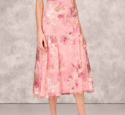 Sleeveless Embroidered Side Flounce Midi Dress - Pink Multi | Adrianna Papell