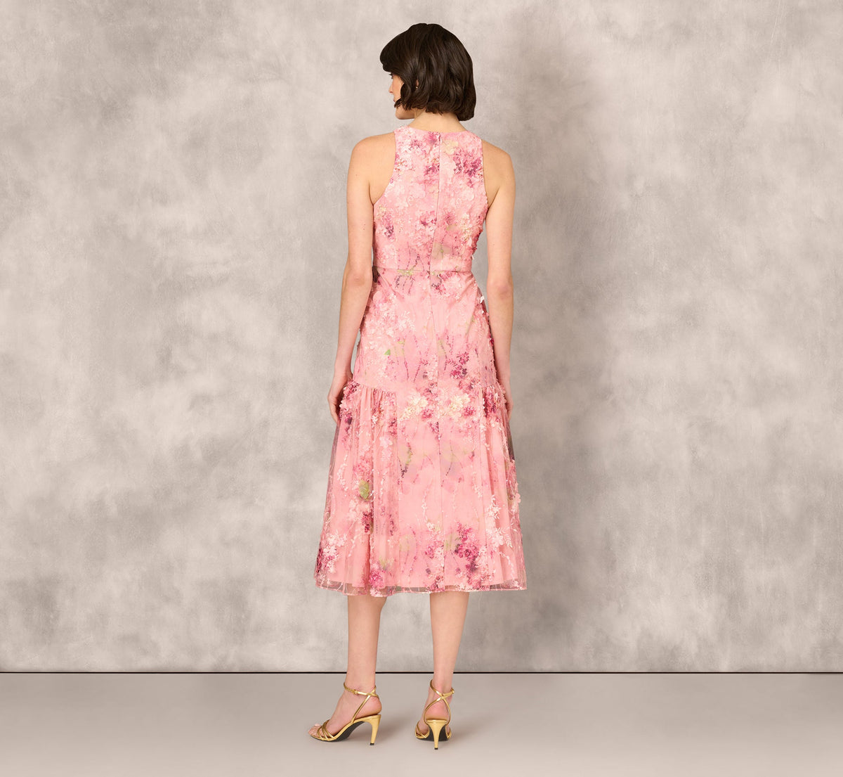 Sleeveless Embroidered Side Flounce Midi Dress - Pink Multi | Adrianna Papell