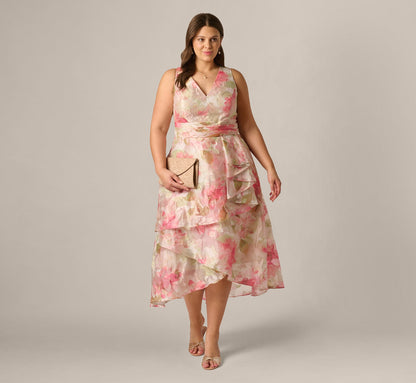 Plus Size Floral Organza Cascade High Low Midi Dress - Sage Multi | Adrianna Papell