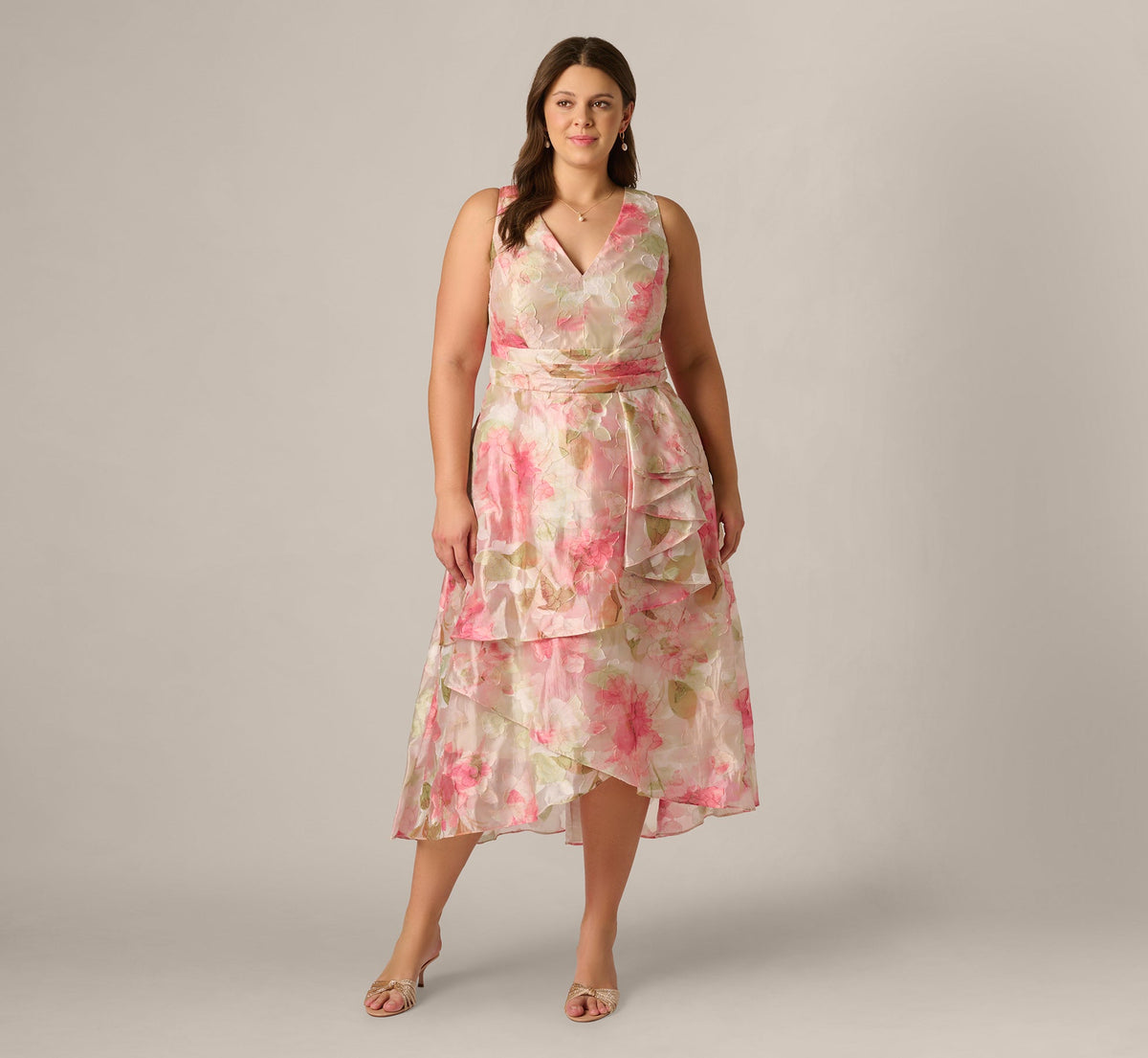 Plus Size Floral Organza Cascade High Low Midi Dress - Sage Multi | Adrianna Papell