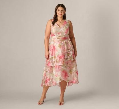 Plus Size Floral Organza Cascade High Low Midi Dress - Sage Multi | Adrianna Papell