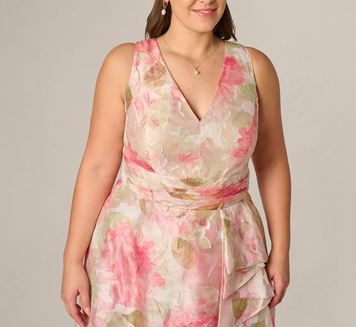 Plus Size Floral Organza Cascade High Low Midi Dress - Sage Multi | Adrianna Papell