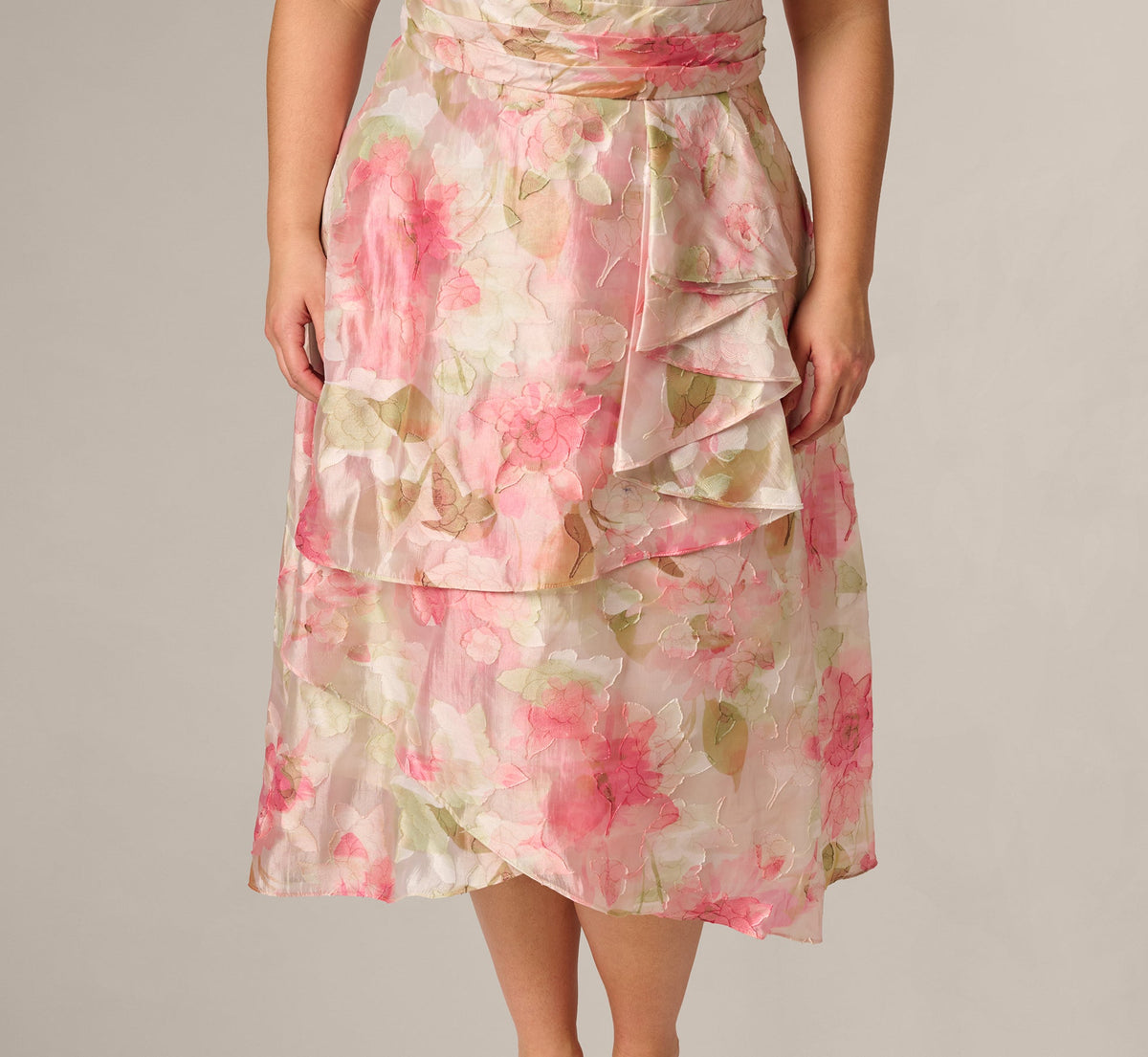 Plus Size Floral Organza Cascade High Low Midi Dress - Sage Multi | Adrianna Papell