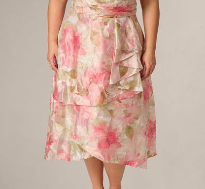 Plus Size Floral Organza Cascade High Low Midi Dress - Sage Multi | Adrianna Papell