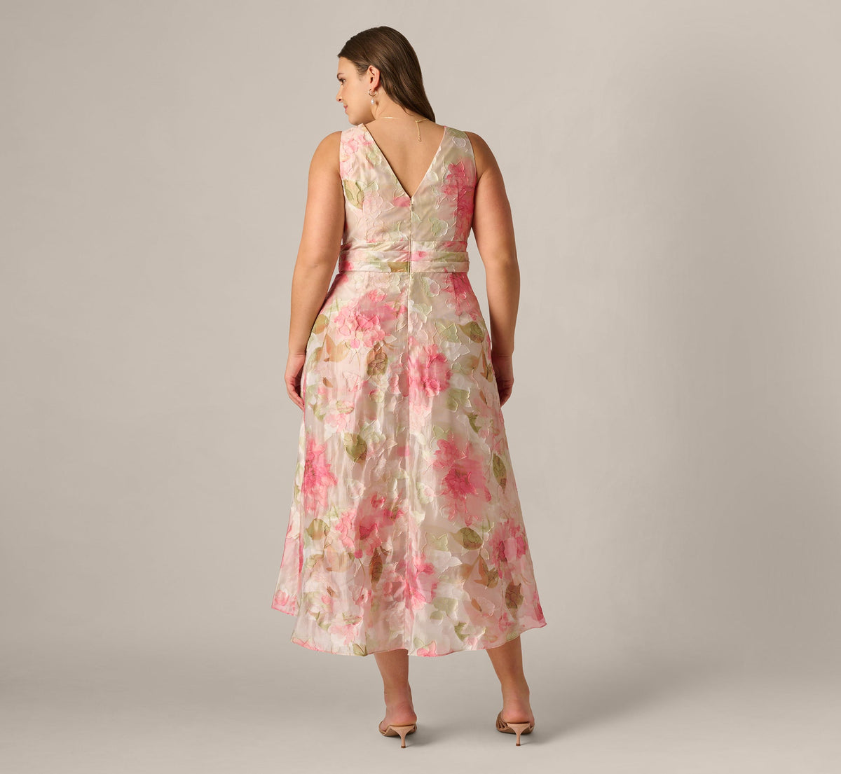 Plus Size Floral Organza Cascade High Low Midi Dress - Sage Multi | Adrianna Papell