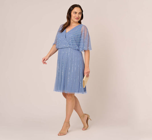 Plus Size Hand Beaded Illusion Faux Wrap Short Cocktail Dress - French Blue | Adrianna Papell
