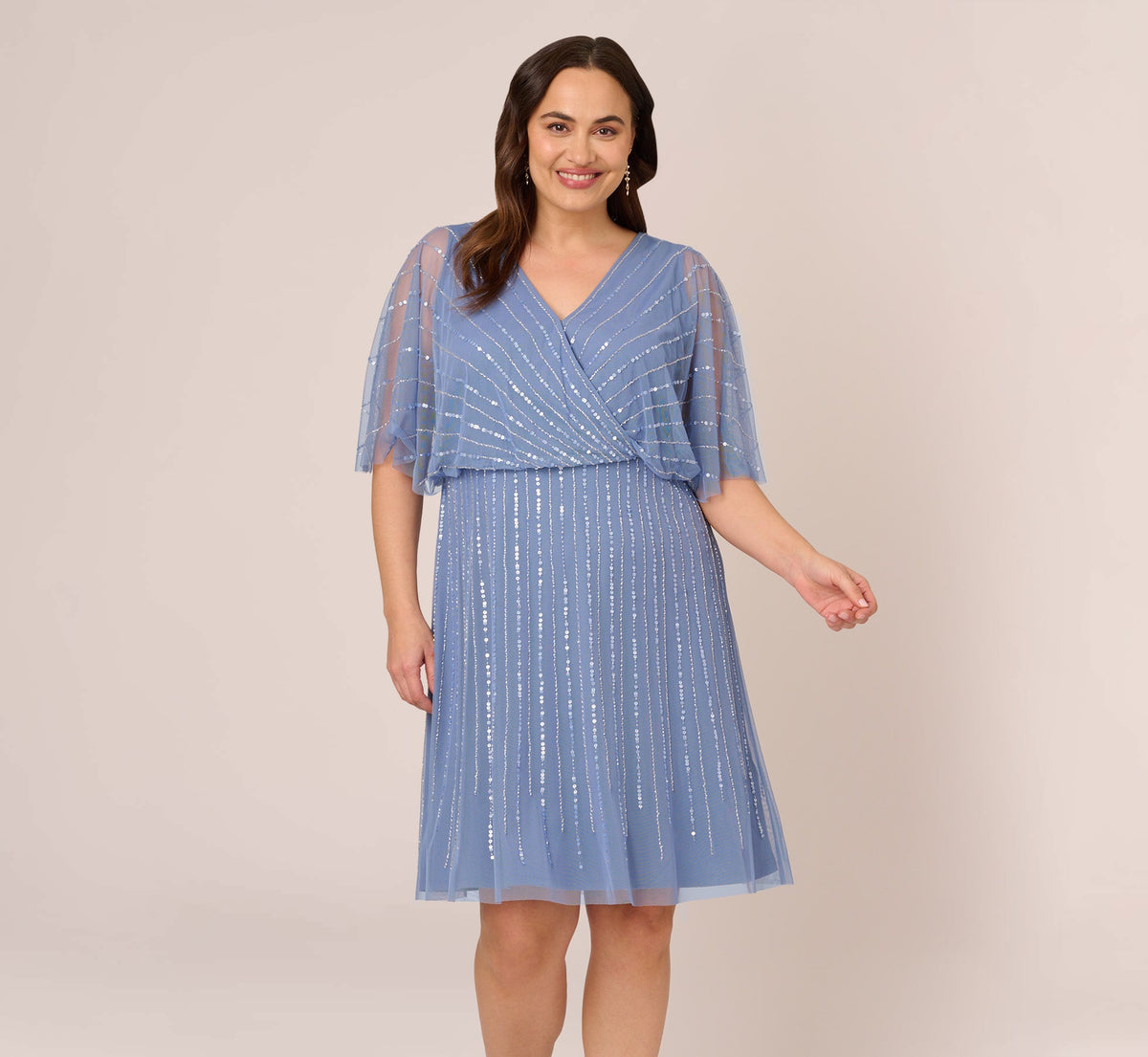 Plus Size Hand Beaded Illusion Faux Wrap Short Cocktail Dress - French Blue | Adrianna Papell
