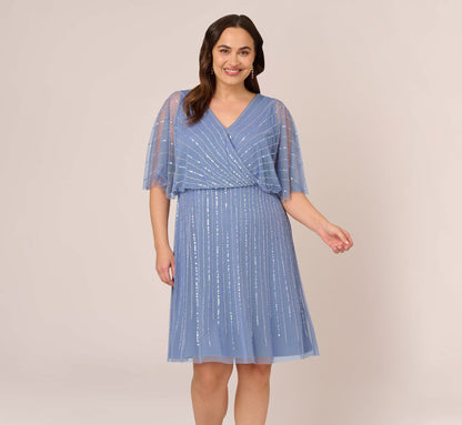 Plus Size Hand Beaded Illusion Faux Wrap Short Cocktail Dress - French Blue | Adrianna Papell