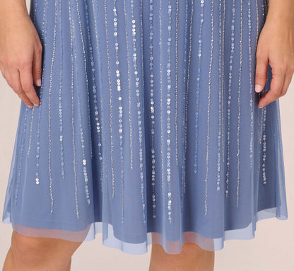 Plus Size Hand Beaded Illusion Faux Wrap Short Cocktail Dress - French Blue | Adrianna Papell