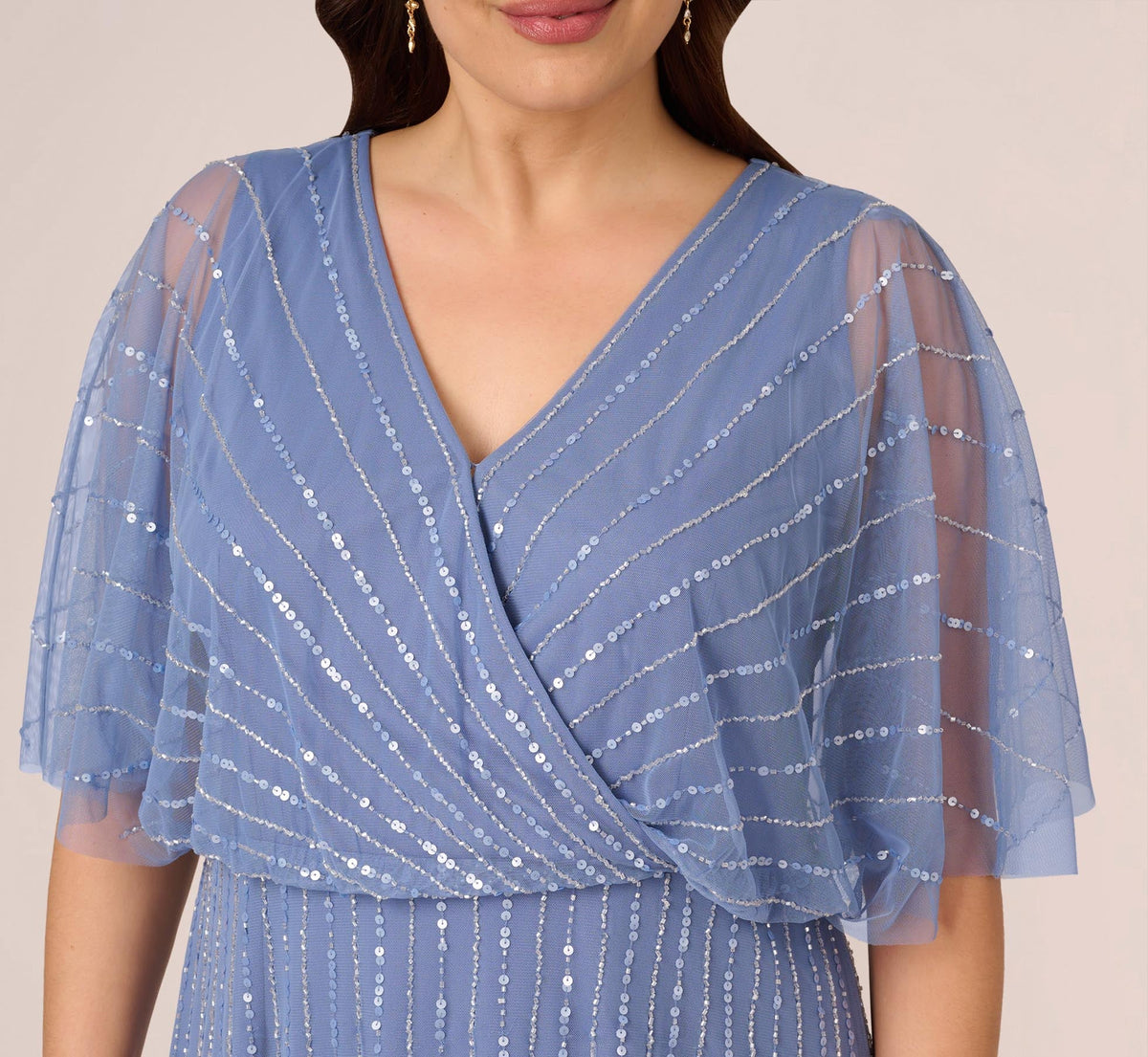 Plus Size Hand Beaded Illusion Faux Wrap Short Cocktail Dress - French Blue | Adrianna Papell
