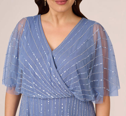 Plus Size Hand Beaded Illusion Faux Wrap Short Cocktail Dress - French Blue | Adrianna Papell