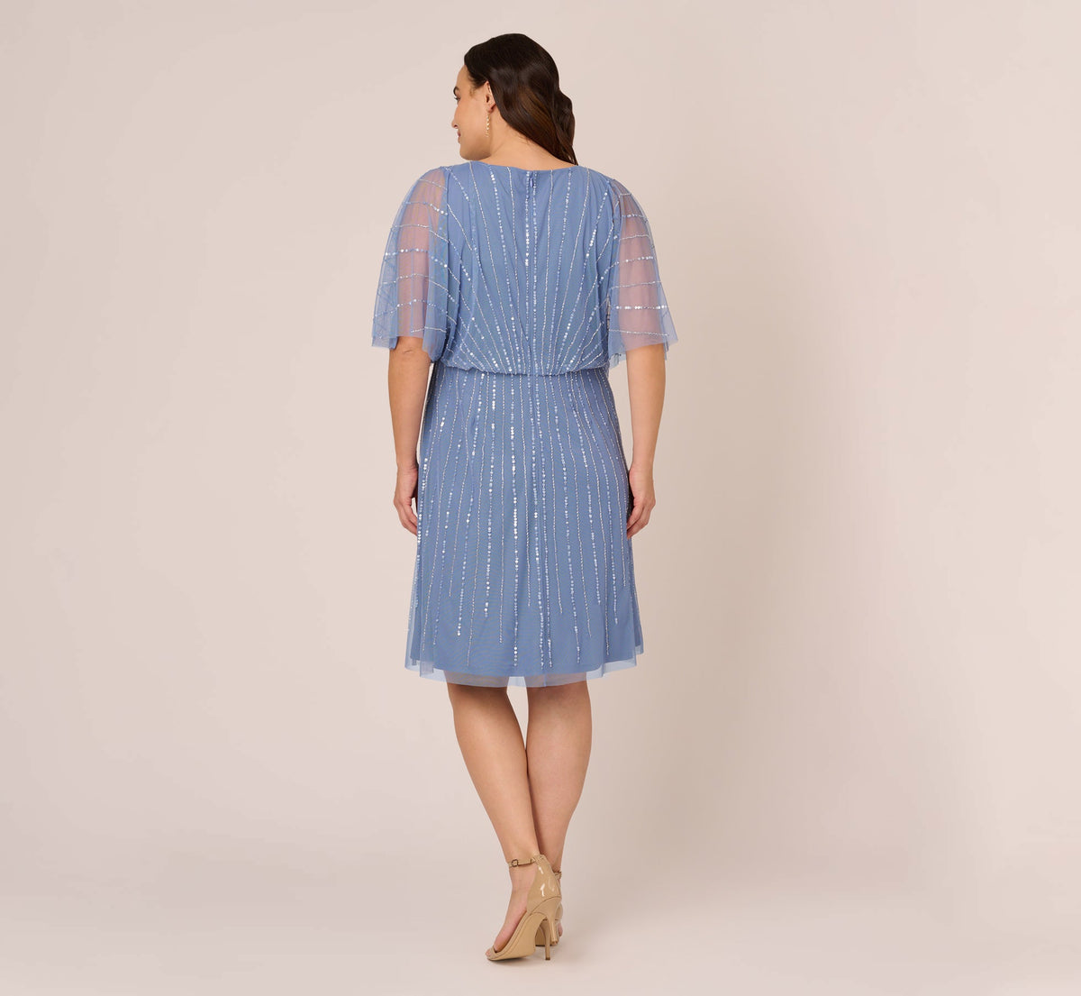 Plus Size Hand Beaded Illusion Faux Wrap Short Cocktail Dress - French Blue | Adrianna Papell