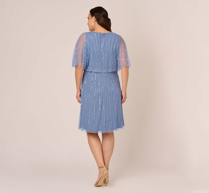 Plus Size Hand Beaded Illusion Faux Wrap Short Cocktail Dress - French Blue | Adrianna Papell