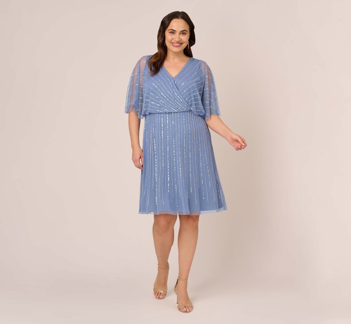 Plus Size Hand Beaded Illusion Faux Wrap Short Cocktail Dress - French Blue | Adrianna Papell