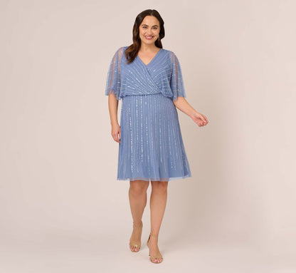 Plus Size Hand Beaded Illusion Faux Wrap Short Cocktail Dress - French Blue | Adrianna Papell