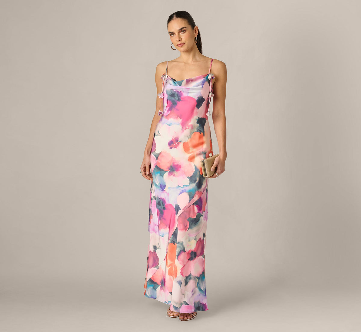 Cowl Neck 3D Floral Sateen Gown - Pink Orange Multi | Adrianna Papell