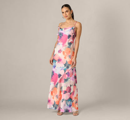 Cowl Neck 3D Floral Sateen Gown - Pink Orange Multi | Adrianna Papell