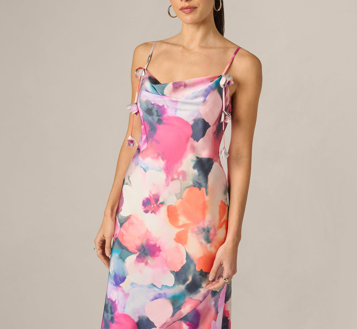 Cowl Neck 3D Floral Sateen Gown - Pink Orange Multi | Adrianna Papell