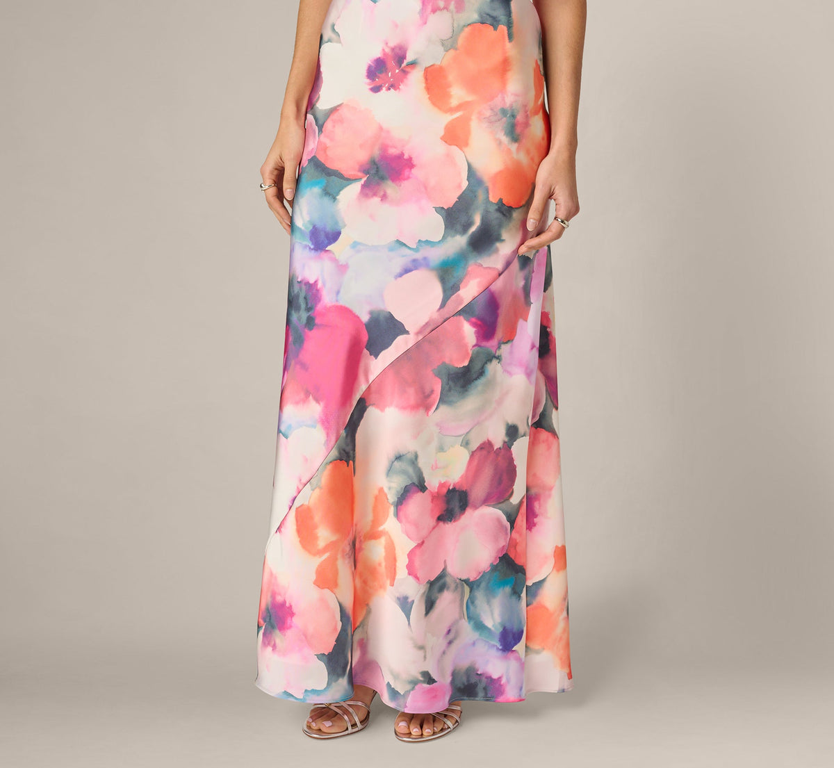 Cowl Neck 3D Floral Sateen Gown - Pink Orange Multi | Adrianna Papell