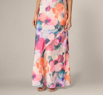 Cowl Neck 3D Floral Sateen Gown - Pink Orange Multi | Adrianna Papell