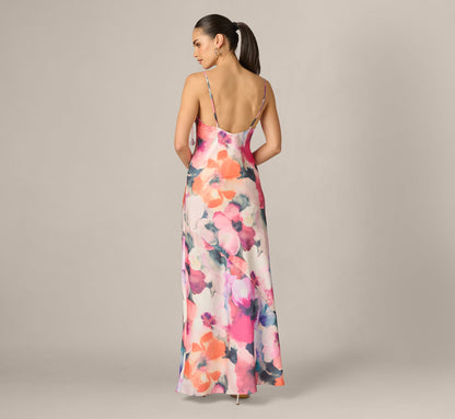 Cowl Neck 3D Floral Sateen Gown - Pink Orange Multi | Adrianna Papell