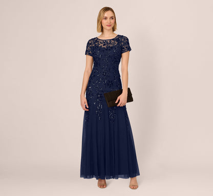 Hand Beaded Short Sleeve Floral Godet Gown - Light Navy | Adrianna Papell