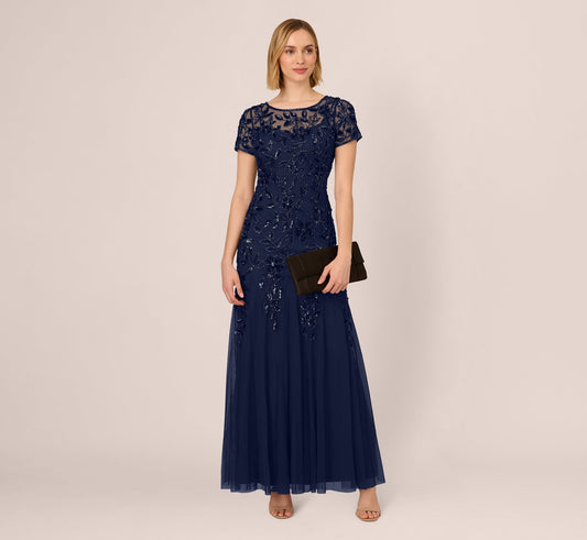 Hand Beaded Short Sleeve Floral Godet Gown - Light Navy | Adrianna Papell